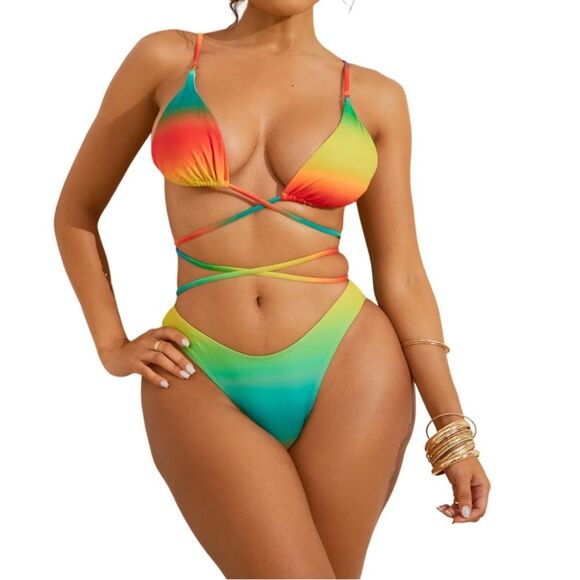 Fashion Nova Kataleya Strappy 2 Piece Vibrant Multicolor Strappy Swimsuit - Picture 1 of 3